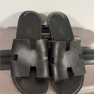 Hermes Black Leather Slide Sandals